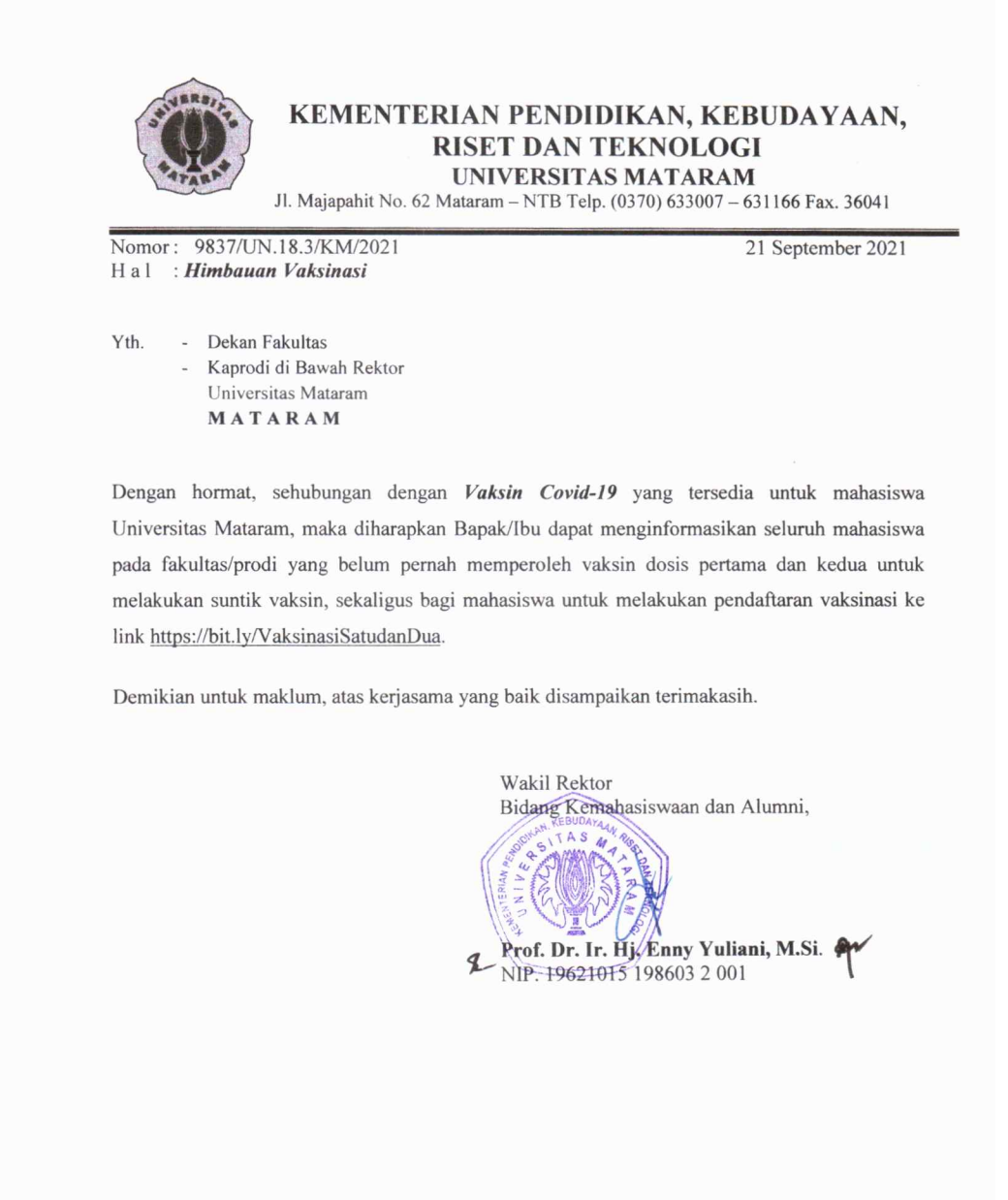PENGUMUMAN VAKSIN UNTUK MAHASISWA UNRAM