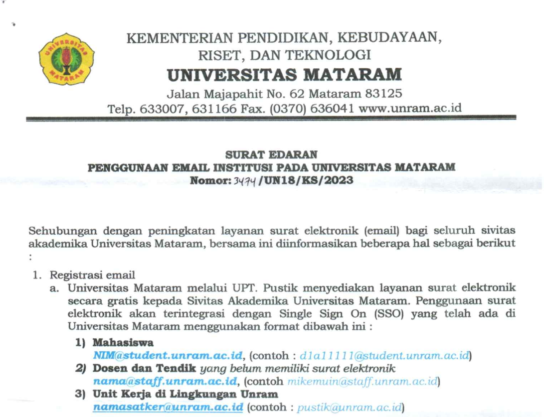Surat Edaran Penggunaan Email Institusi Pada Universitas Mataram